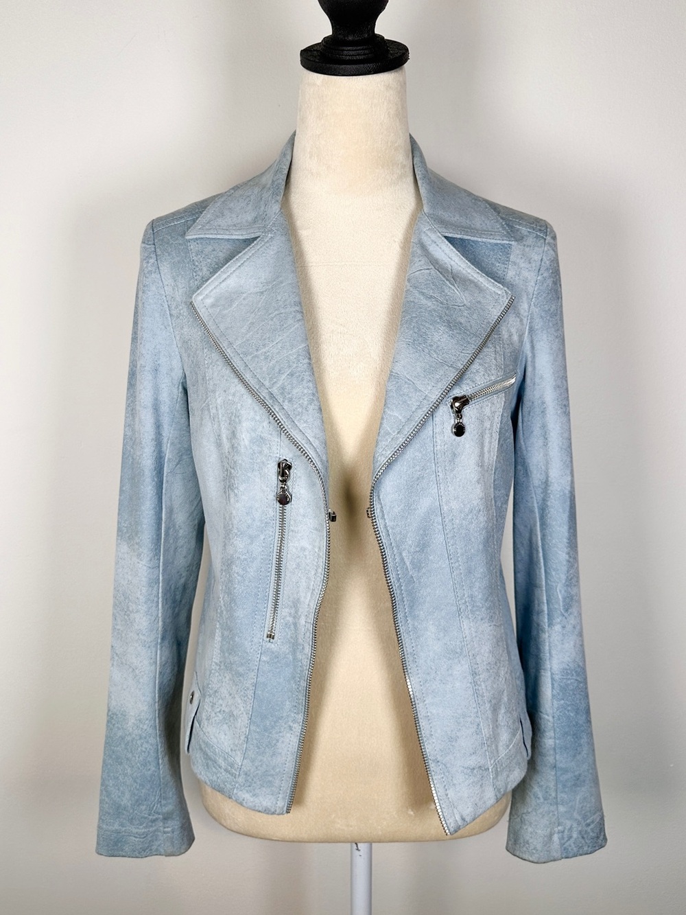VEX Collection Denim Blue Faux Suede Moto Jacket | Size 34